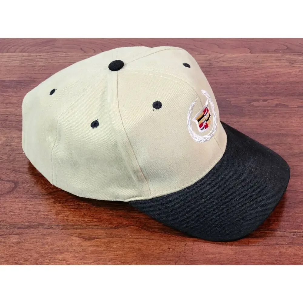 Cadillac Strapback Hat Tan Cap With Black Bill Hook/Loop Adjustable Closure